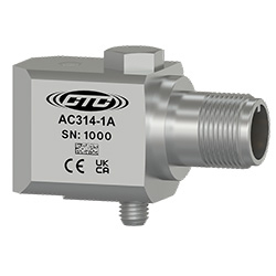 A stainless steel, standard size, side exit AC314 low voltage accelerometer engraved with the CTC Line logo, part number, serial number, and CE and UKCA certification markings.
